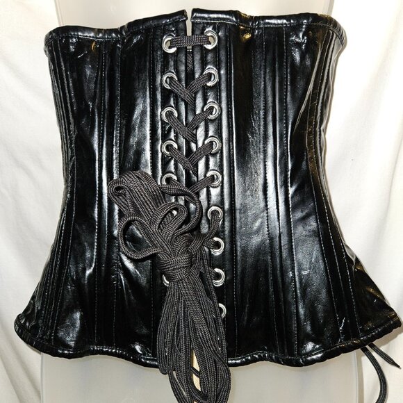 NEW LARGE BLACK PVC 28" TIGHT LACING BABYLON CORSET - Picture 4 of 15